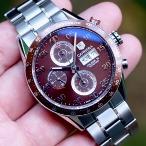 TAG Heuer Carrera Calibre 16 Day-Date Film Bezel "Chocolate" 43mm Steel Bracelet ปี 2012 — Ref CV2A12.BA0796