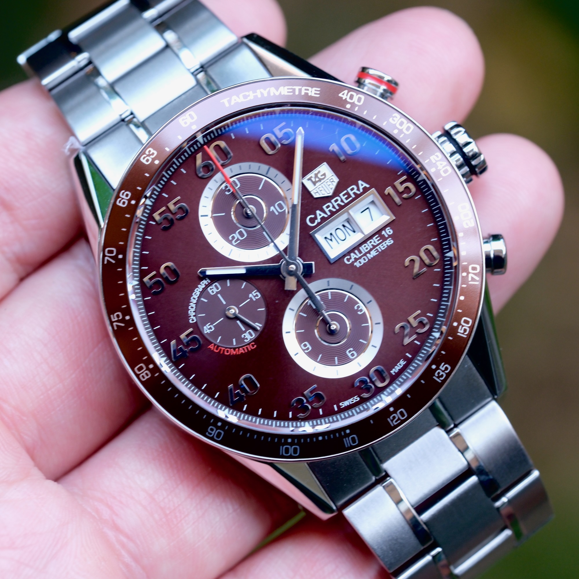 TAG Heuer Carrera Calibre 16 Day-Date Film Bezel "Chocolate" 43mm Steel Bracelet ปี 2012 — Ref CV2A12.BA0796