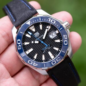 2019 TAG HEUER Aquaracer Calibre 5 Automatic 43mm Blue Dial Blue Ceramic Bezel NATO Strap Ref. WAY201C Full Set