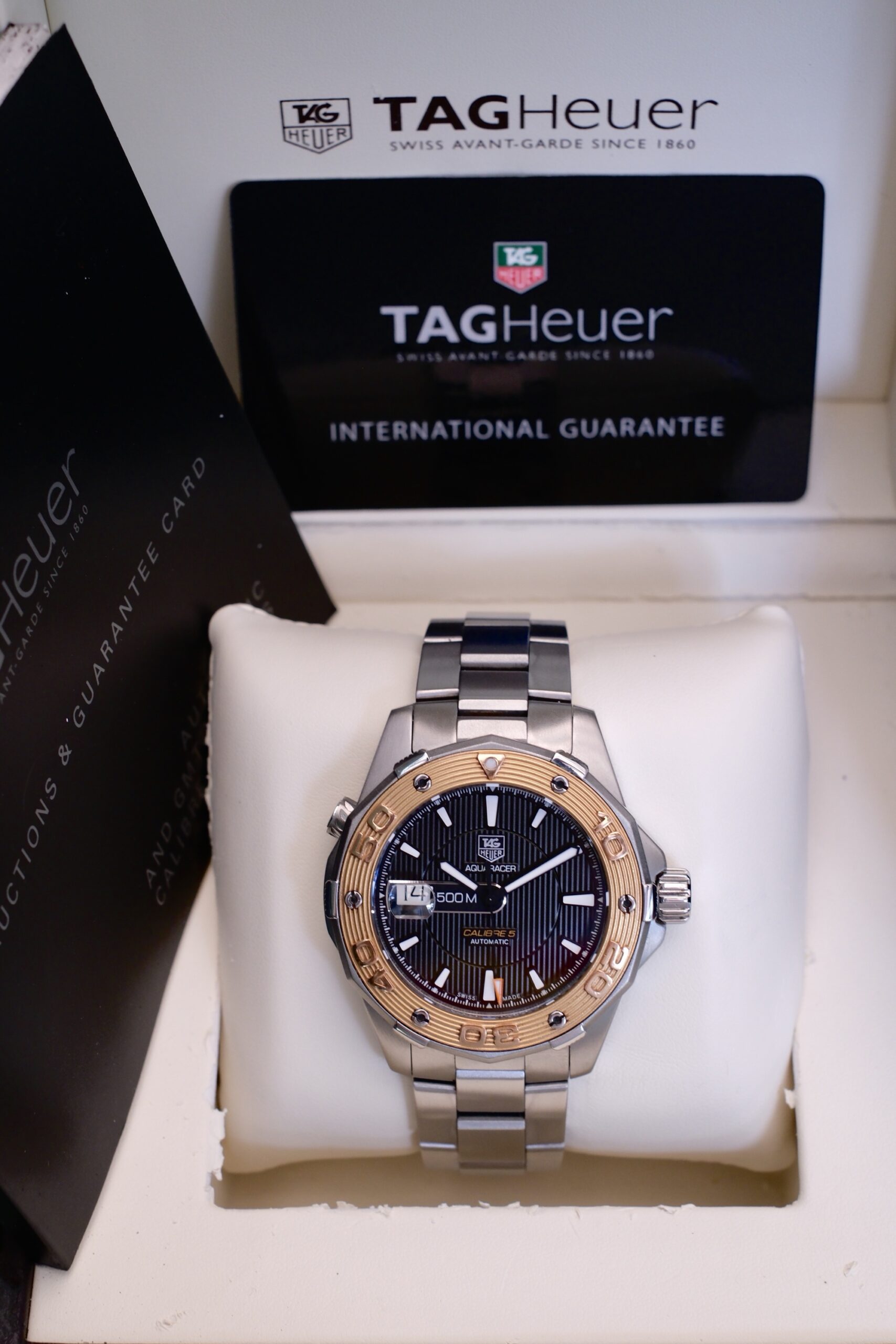 2013 TAG HEUER Aquaracer Calibre 5 Automatic 43mm Black Dial Solid 18K Gold Bezel Ref. WAJ2150 Full Set HERO RARE
