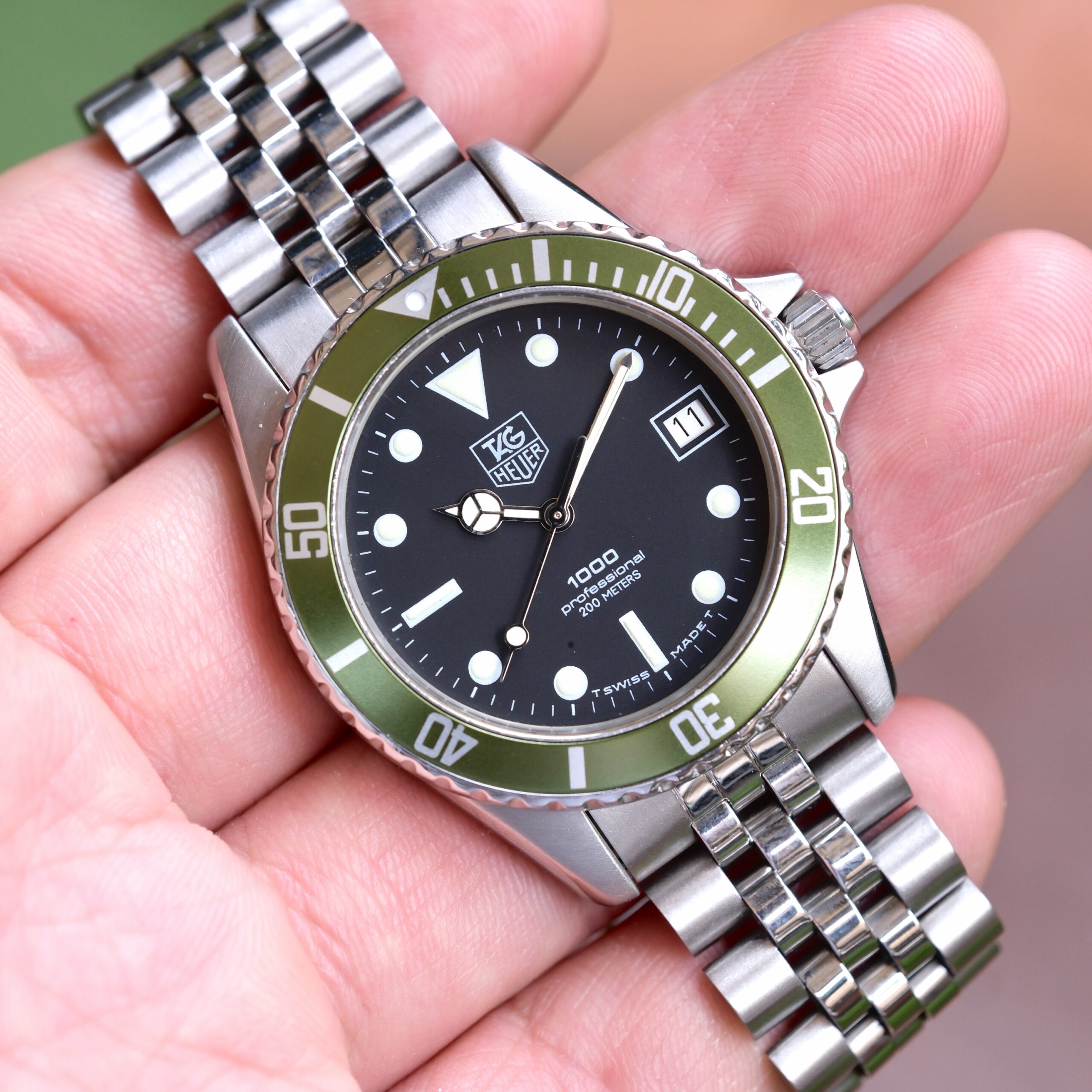 TAG HEUER 1000 Professional Diver Vintage Quartz 38mm Black Dial Custom Starbucks Green Bezel Ref. 980.013N RARE