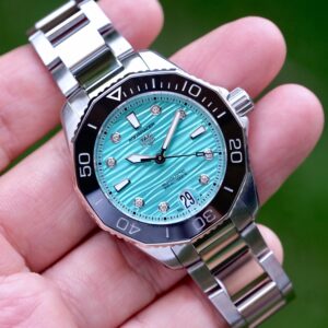 2023 TAG HEUER Aquaracer Professional 300 Calibre 5 Automatic Diamond 36mm Tiffany Blue Turquoise Wave Dial Black Ceramic Bezel Ref. WBP231K Full Set HERO