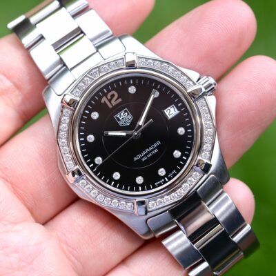2012 TAG HEUER Aquaracer Quartz Full Diamond Bezel Unisex 39mm Black Dial Stainless Steel Ref. WAF111D RARE