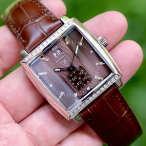 2013 TAG HEUER Monaco Grande Date Quartz 37mm Brown Plum Dial Diamond Bezel 39 Diamonds Crocodile Strap Ref. WAW1316 [Full Set] HERO