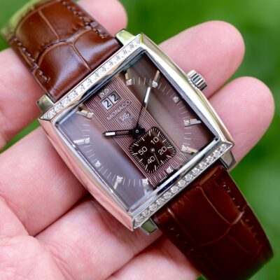 2013 TAG HEUER Monaco Grande Date Quartz 37mm Brown Plum Dial Diamond Bezel 39 Diamonds Crocodile Strap Ref. WAW1316 [Full Set] HERO